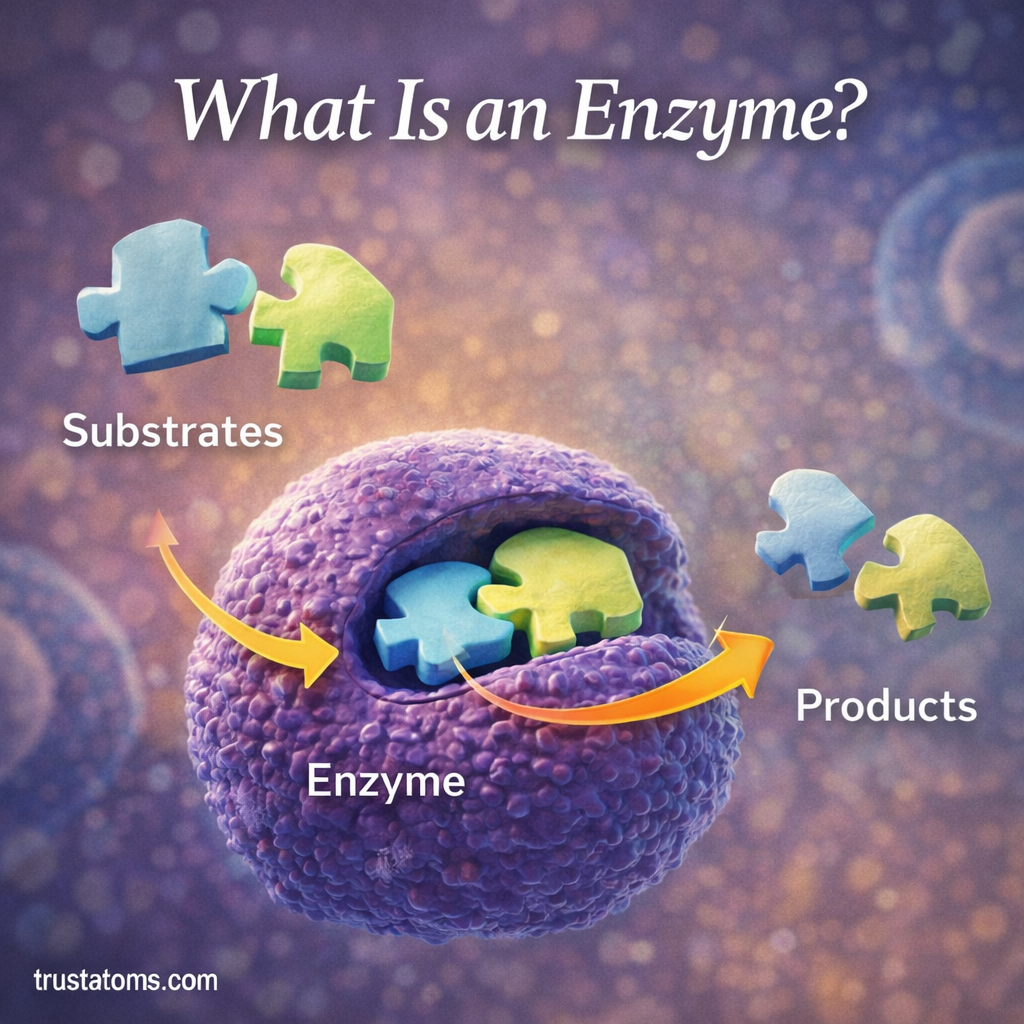 Scientific illustration showing an enzyme binding substrates at an active site and converting them into products during a biological reaction.