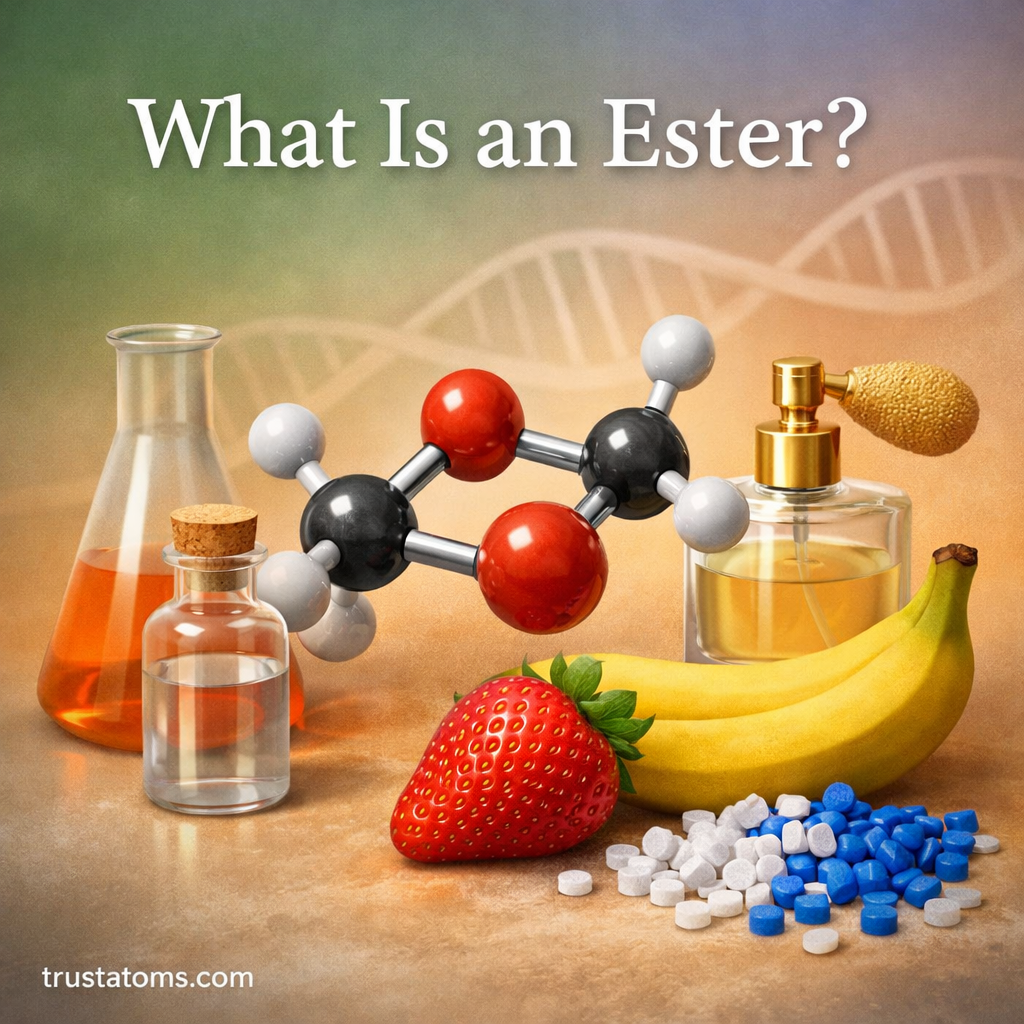 Educational illustration showing an ester molecular model surrounded by fruit, perfume, and laboratory glassware representing ester compounds and their role in flavors and fragrances.