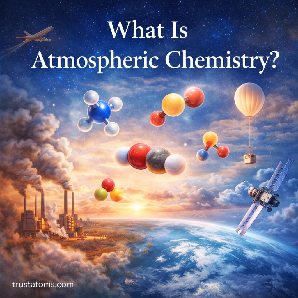 Educational illustration showing Earth’s atmosphere with molecules, industrial emissions, a weather balloon, and satellite representing atmospheric chemistry and air processes.
