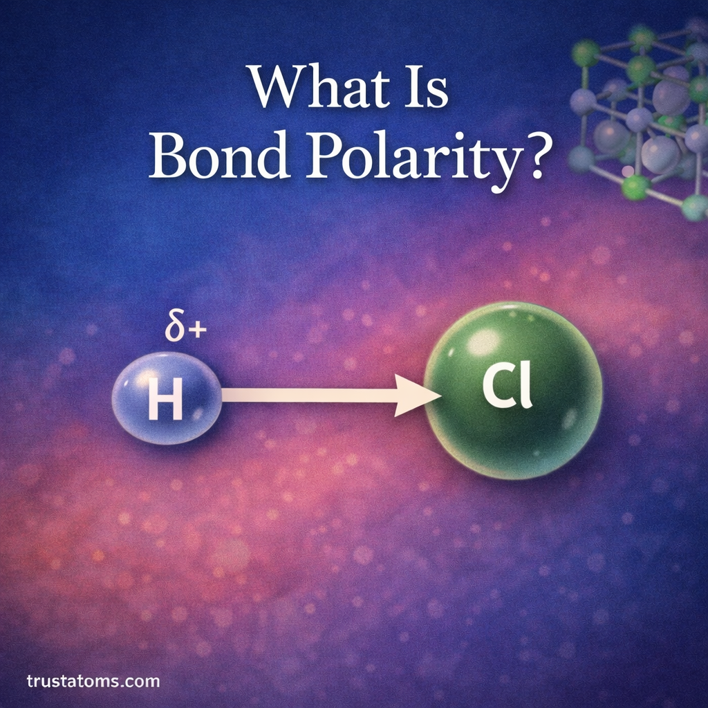 Chemistry diagram showing a polar bond between hydrogen and chlorine with a dipole arrow and partial charges illustrating bond polarity.