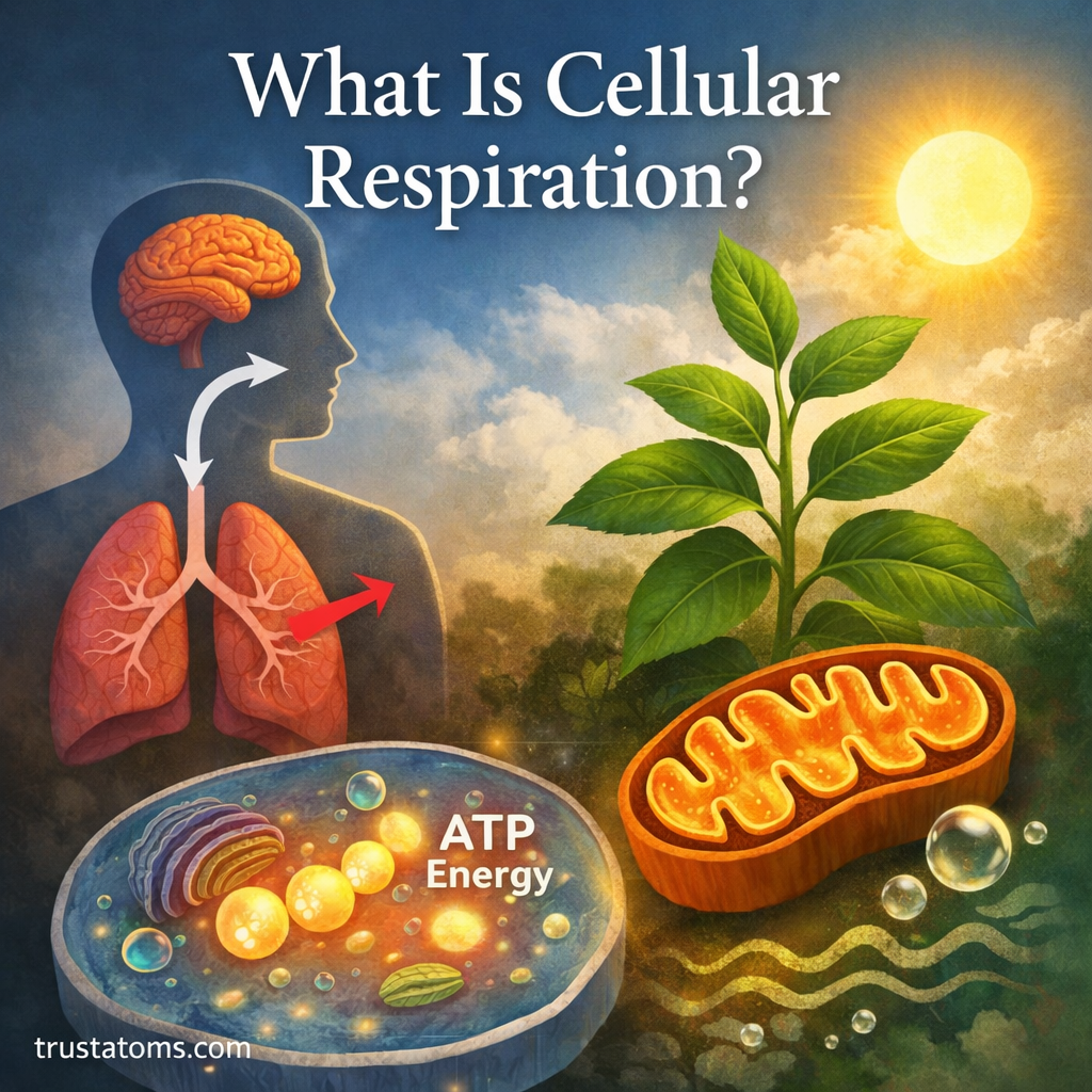 Simple educational illustration explaining cellular respiration with mitochondria producing ATP energy in cells.