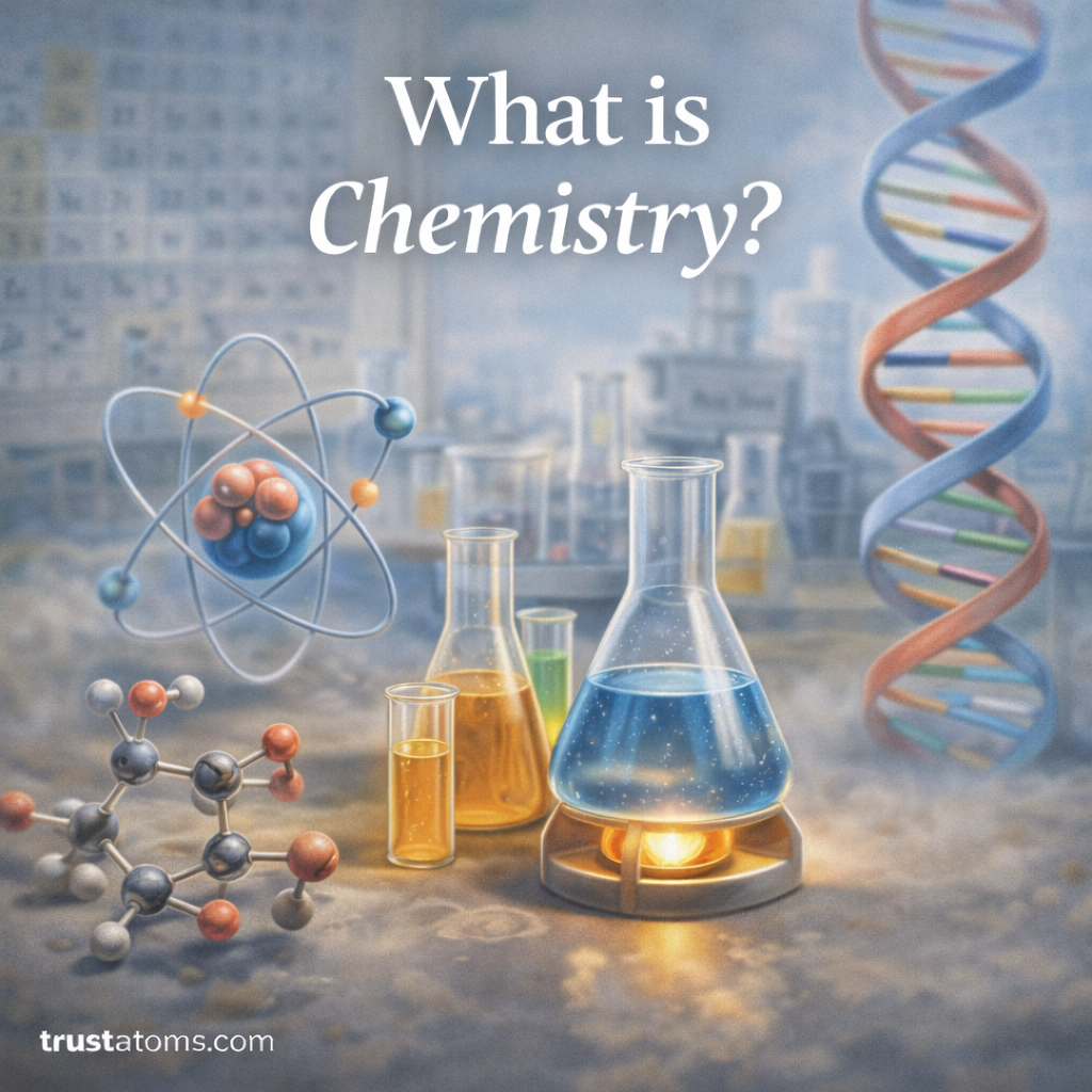Illustration showing laboratory glassware, molecular structures, an atomic model, and a DNA strand representing the study of chemistry and matter.