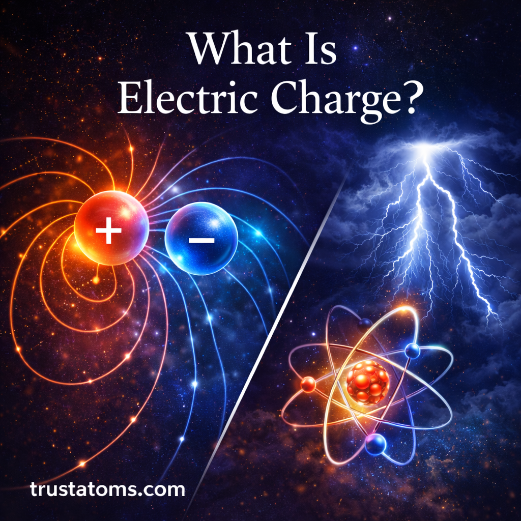 Illustration showing positive and negative electric charges interacting with electric field lines along with an atom and lightning.