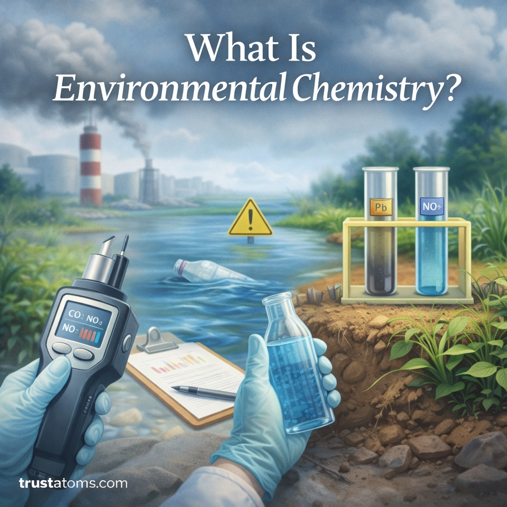 Illustration showing scientists testing water and soil while monitoring pollution in air, water, and land as part of environmental chemistry.