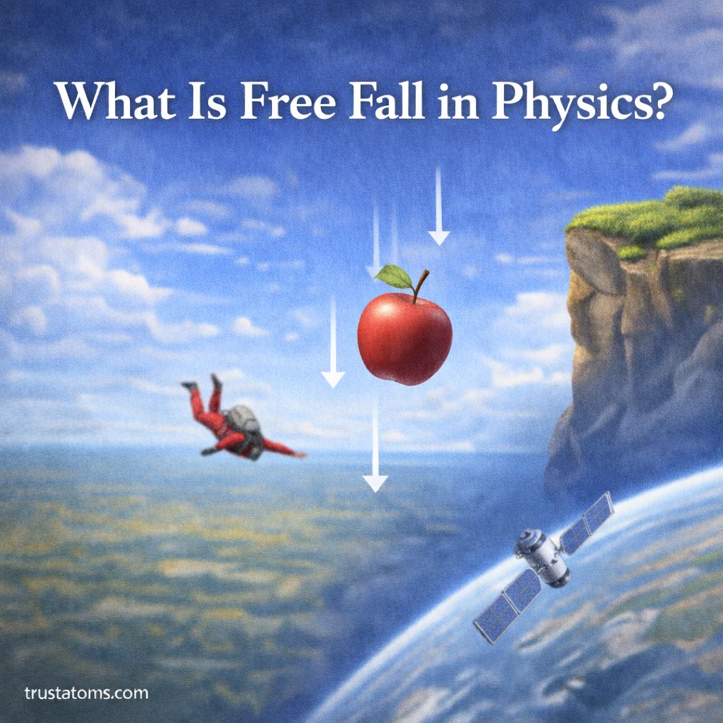 Educational illustration showing an apple falling from a cliff, a skydiver descending, and a satellite orbiting Earth to demonstrate free fall in physics.