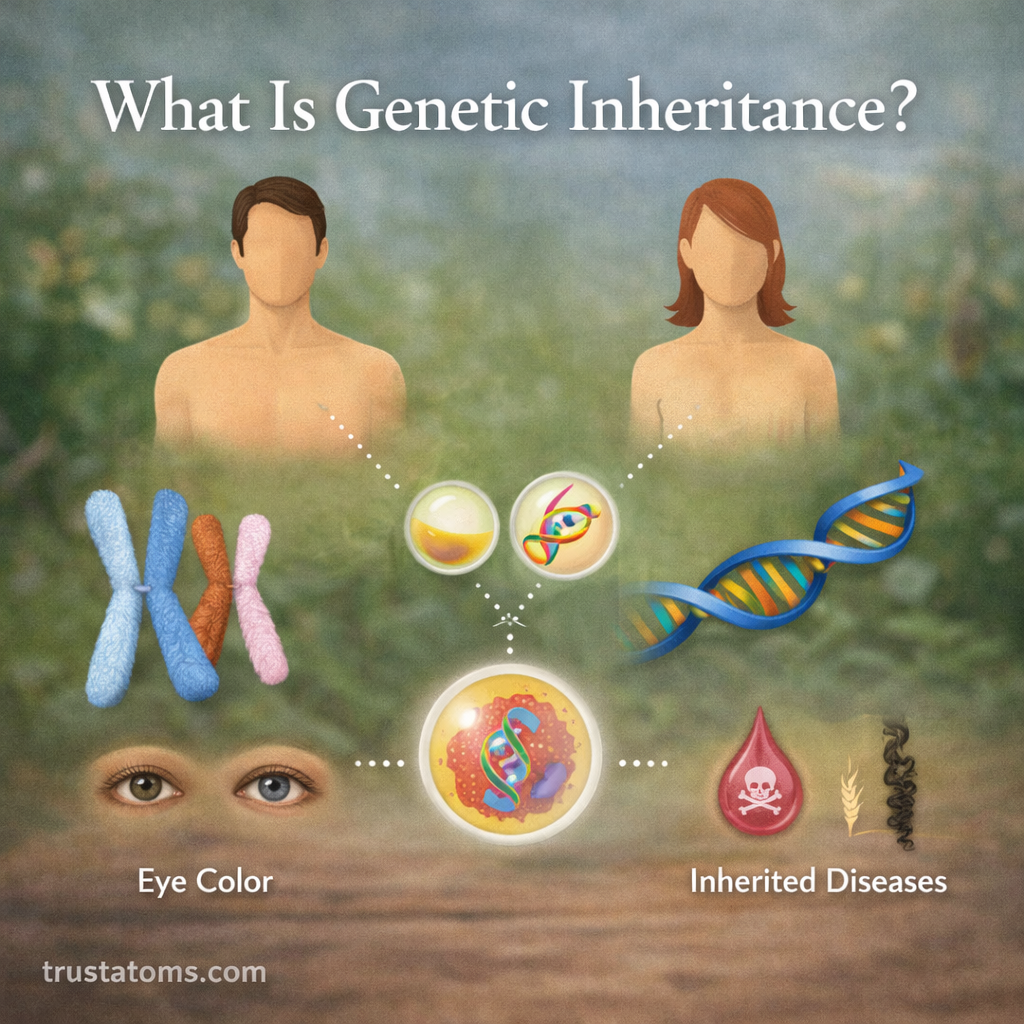 Educational illustration showing parents, DNA strands, chromosomes, and inherited traits like eye color to represent how genetic inheritance passes traits from parents to offspring.