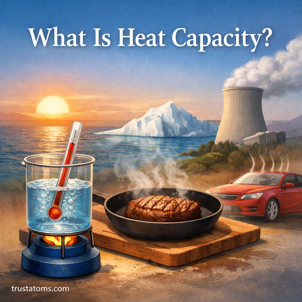 Illustration explaining heat capacity with examples of water heating in a beaker, a thermometer, cookware, and environmental heat sources.