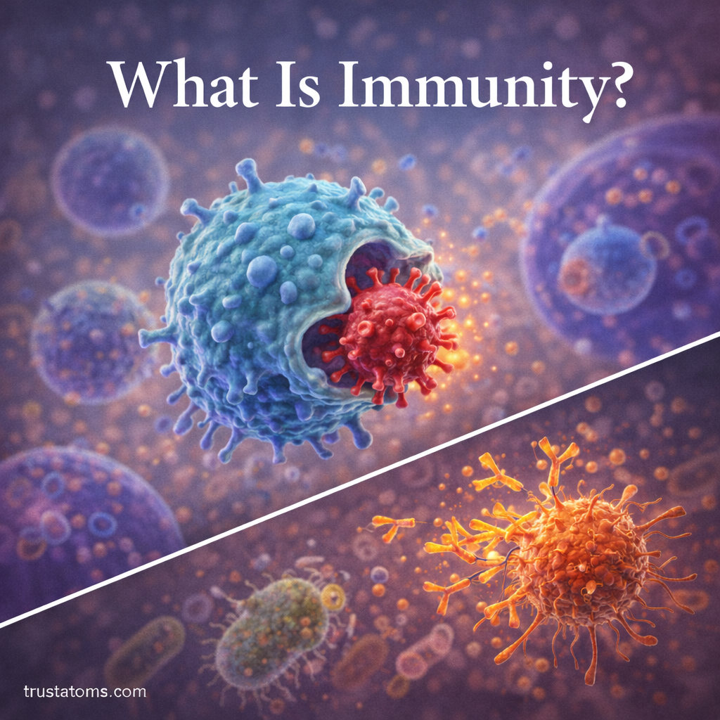 Scientific illustration showing immune cells attacking pathogens with antibodies and immune defense mechanisms.