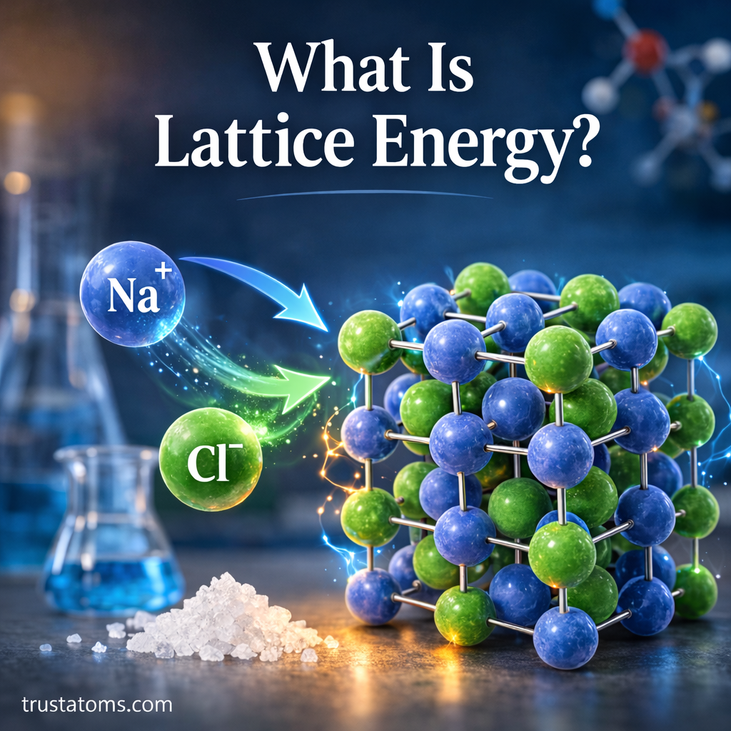 Educational chemistry illustration showing sodium and chloride ions forming an ionic crystal lattice to explain lattice energy.