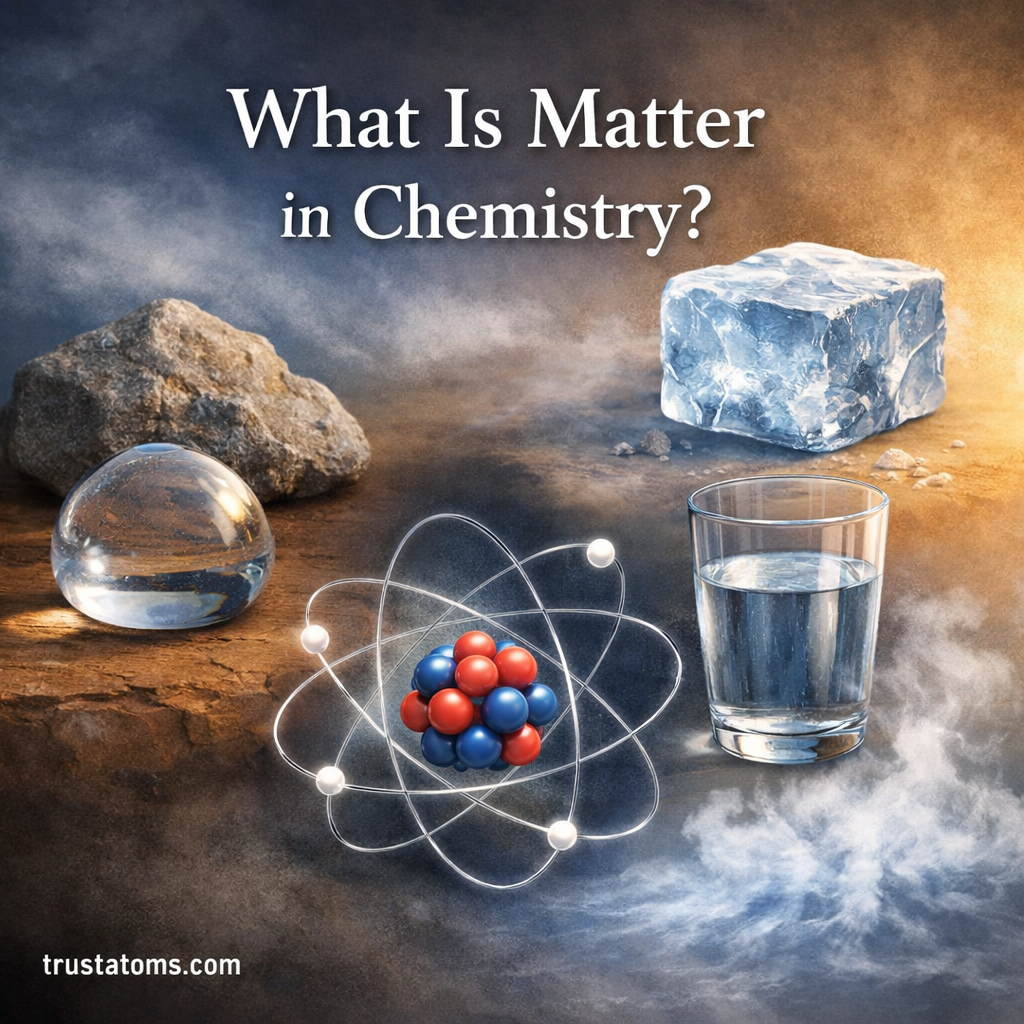 Educational illustration showing examples of matter in chemistry including a rock, water, ice, vapor, and an atom model representing the states and structure of matter.