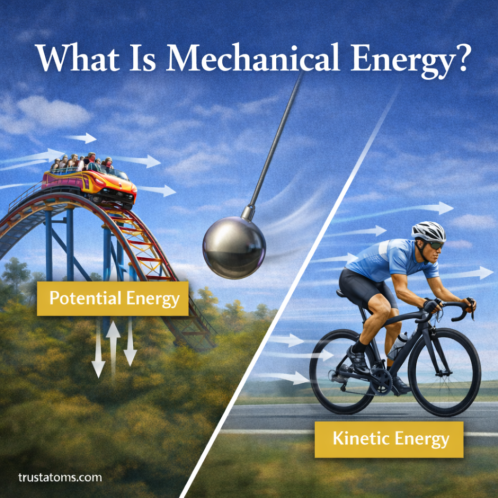 Educational illustration showing a roller coaster at the top of a hill, a swinging pendulum, and a cyclist moving to demonstrate mechanical energy.