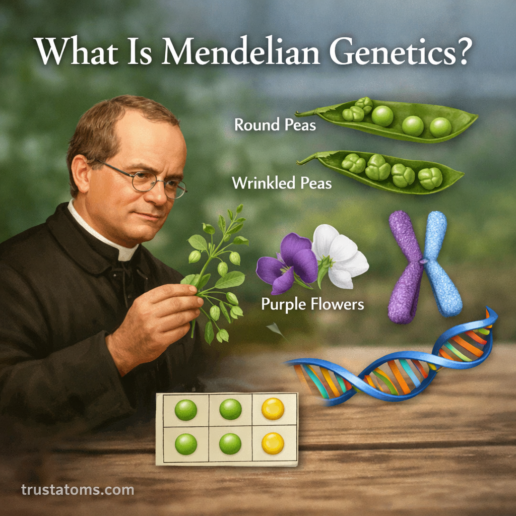 Educational illustration of Mendelian genetics showing Gregor Mendel with pea plants, dominant and recessive pea traits, chromosomes, and DNA representing inheritance patterns.