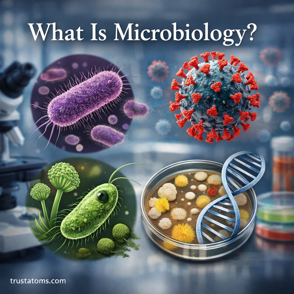 Illustrated microbiology diagram showing bacteria, viruses, fungi, protozoa, and DNA with a microscope in the background.
