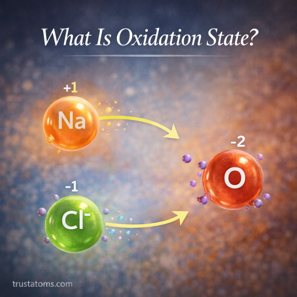 Educational chemistry illustration showing atoms exchanging electrons to demonstrate oxidation states during a chemical reaction.