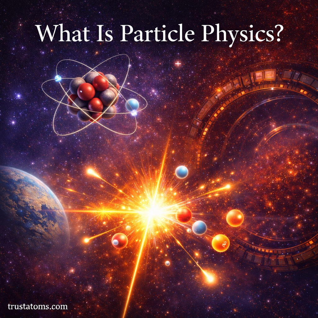 Educational illustration showing a particle collision experiment, atom structure, and particle accelerator representing particle physics.