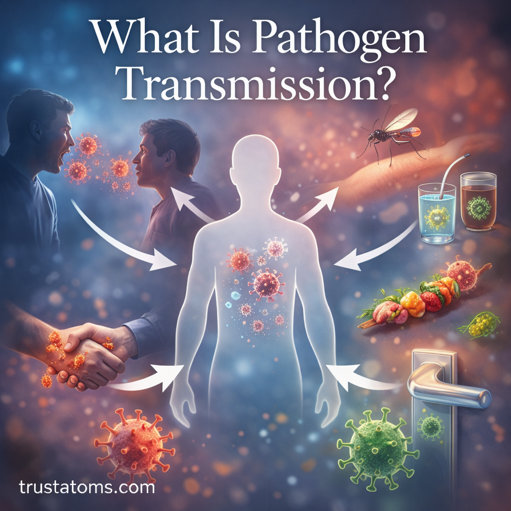 Educational illustration showing different ways pathogens spread between people, including airborne droplets, contaminated surfaces, food, water, and insect vectors.