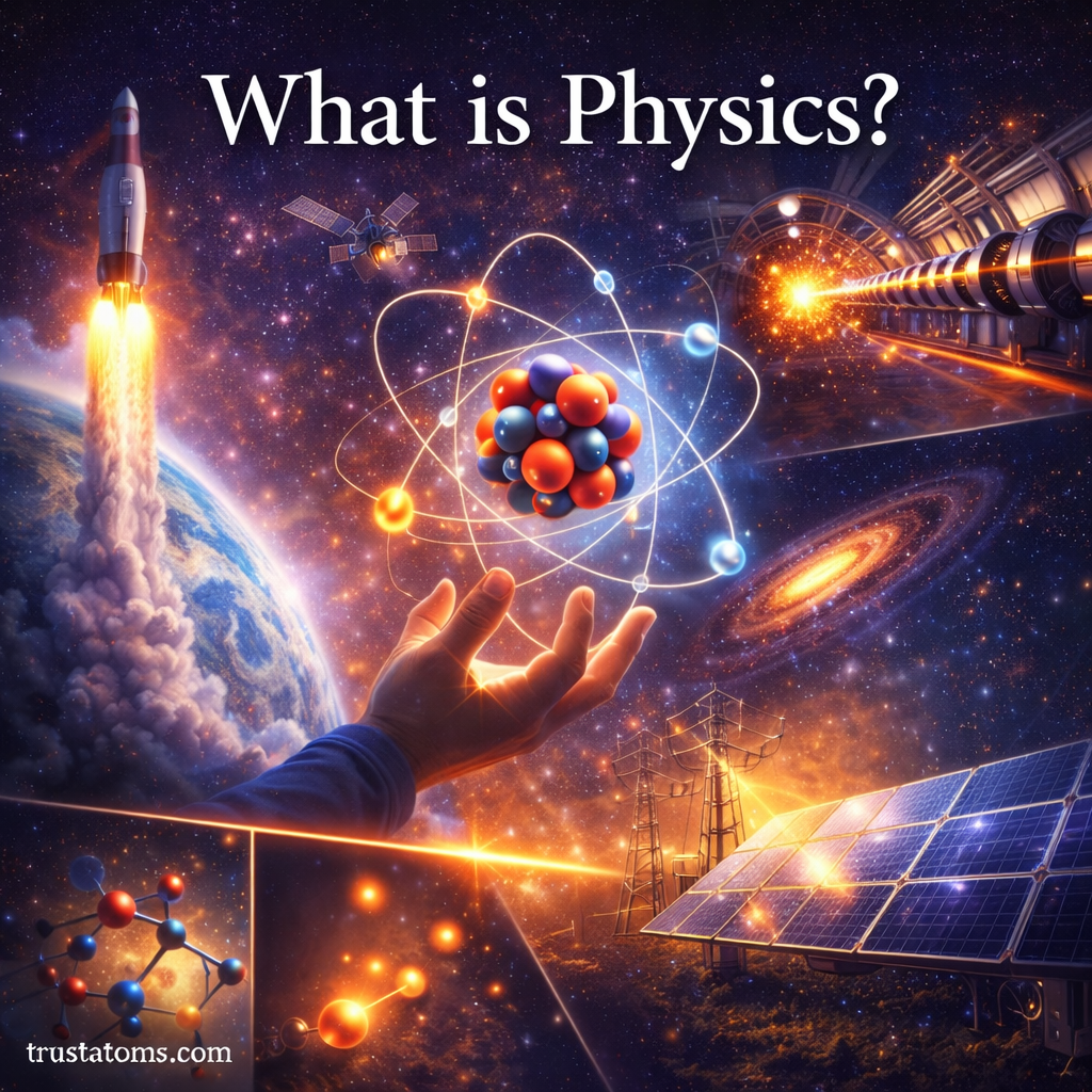 Educational illustration showing atoms, rockets, galaxies, and energy systems representing the study of physics.