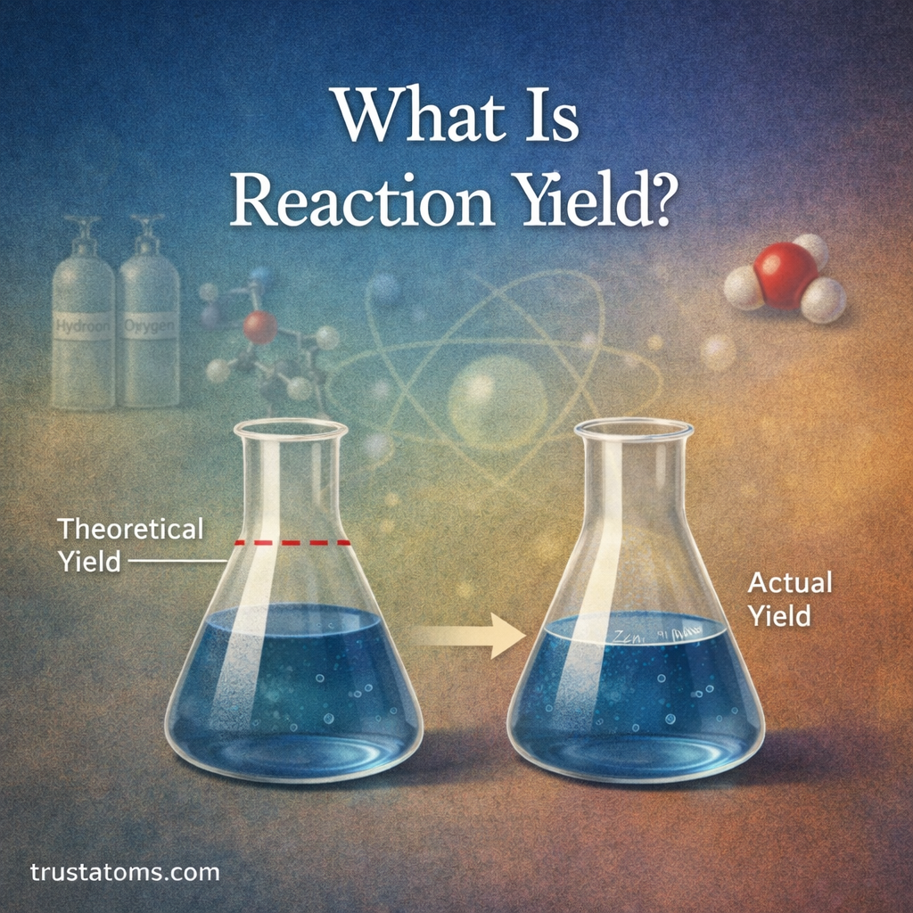 Educational chemistry illustration showing two laboratory flasks representing theoretical yield and actual yield in a chemical reaction.