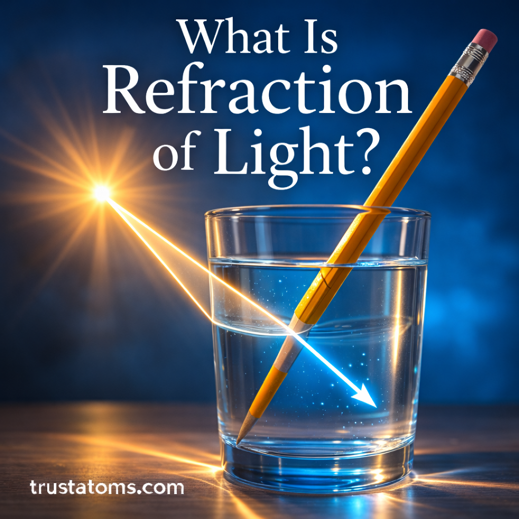 Illustration showing a pencil appearing bent inside a glass of water due to refraction of light.
