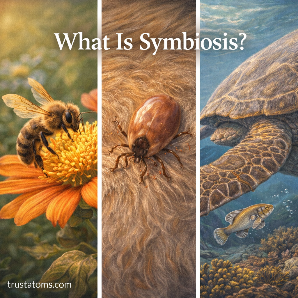Illustration showing examples of symbiosis including a bee pollinating a flower, a tick feeding on a mammal, and a fish swimming near a sea turtle.