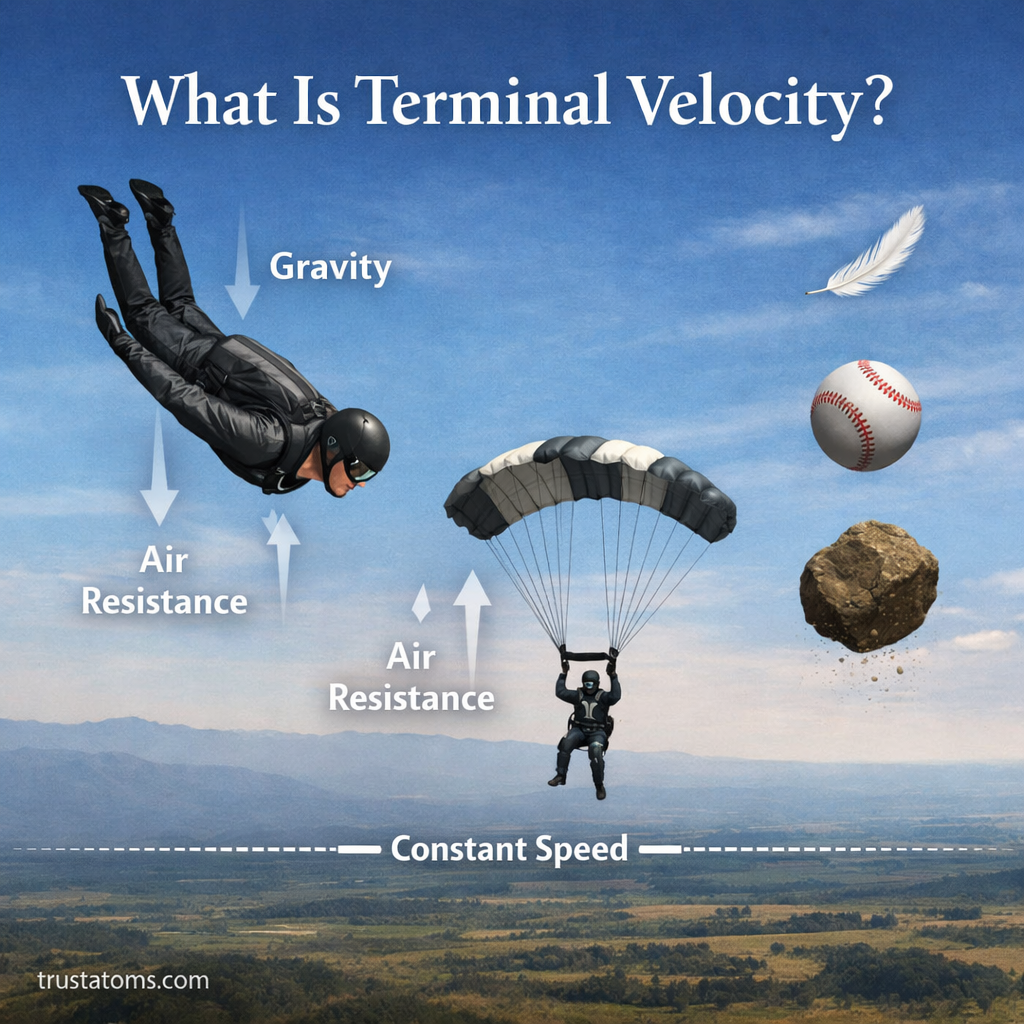 Illustrated diagram of a skydiver and falling objects demonstrating terminal velocity with gravity and air resistance in the atmosphere.