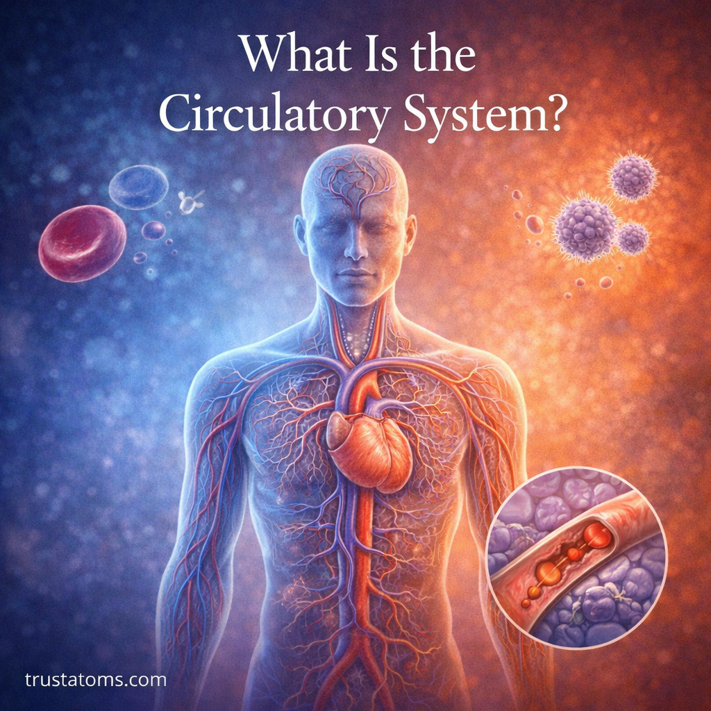 Illustration of the circulatory system showing the human heart, blood vessels, and blood flow throughout the body.