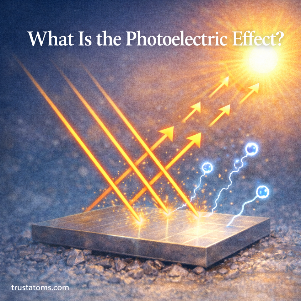 Illustration showing light rays striking a metal surface and electrons being emitted to demonstrate the photoelectric effect.