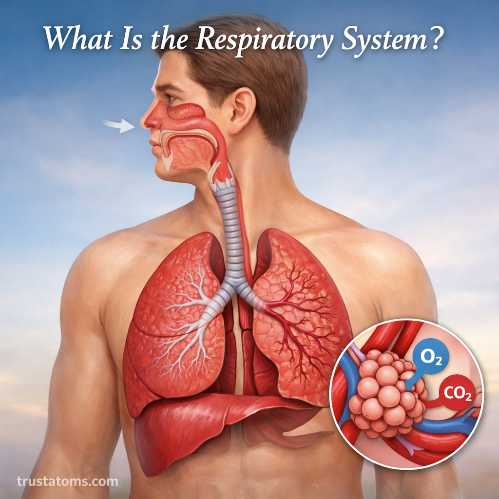 Illustration showing the human respiratory system including nose, trachea, lungs, and alveoli with oxygen and carbon dioxide exchange.