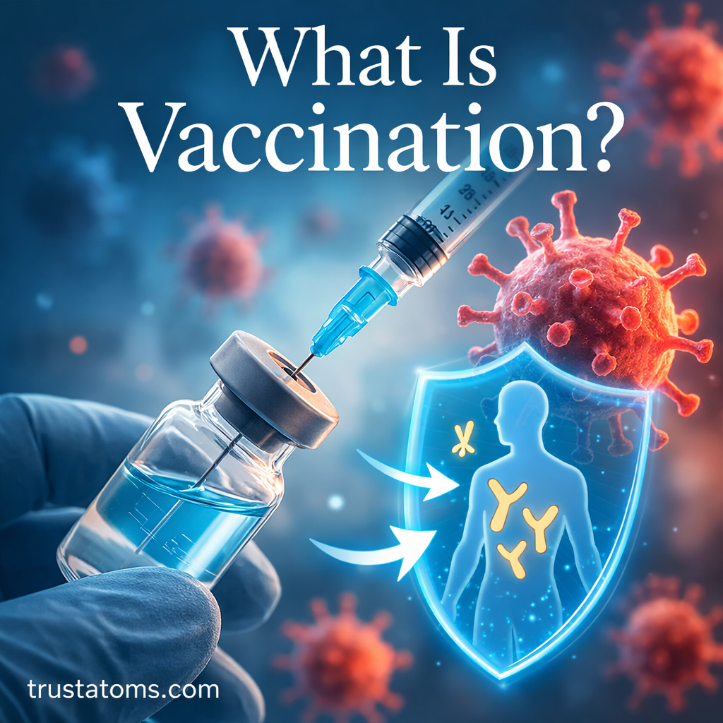 Illustration showing a vaccine syringe and vial with immune system shield and virus particles representing how vaccination protects the body from disease.
