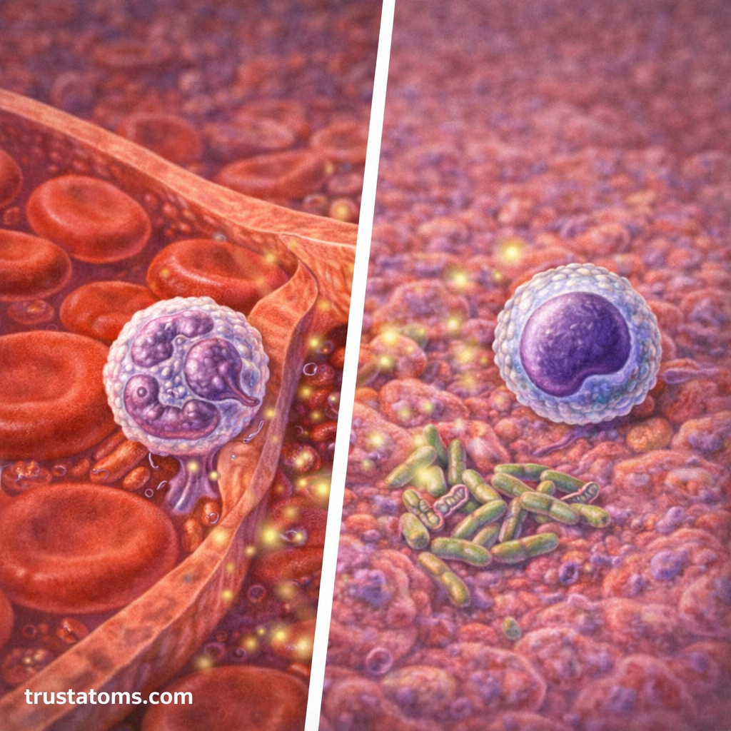 Split illustration showing a white blood cell exiting a blood vessel and another responding to bacteria in tissue.