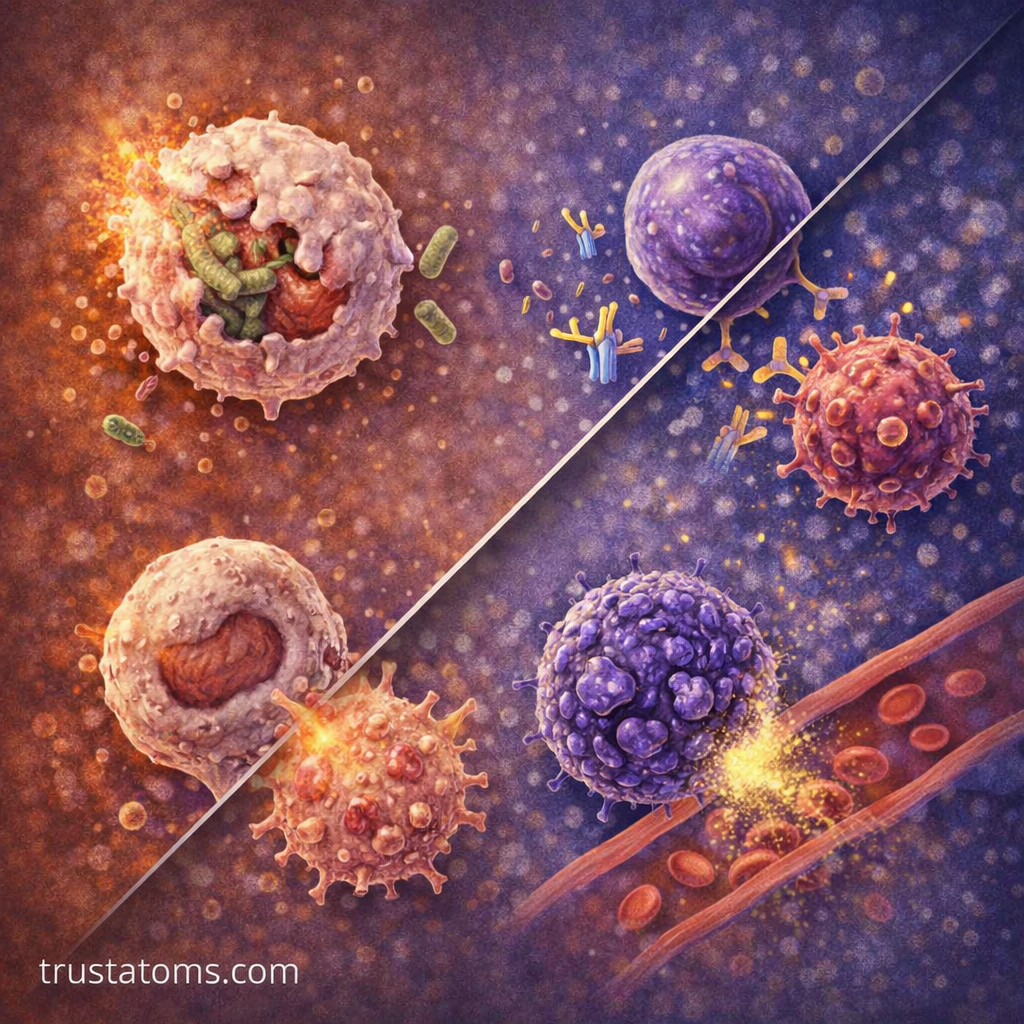 Diagonal split illustration showing white blood cells like neutrophils and monocytes attacking bacteria and lymphocytes interacting with antibodies.