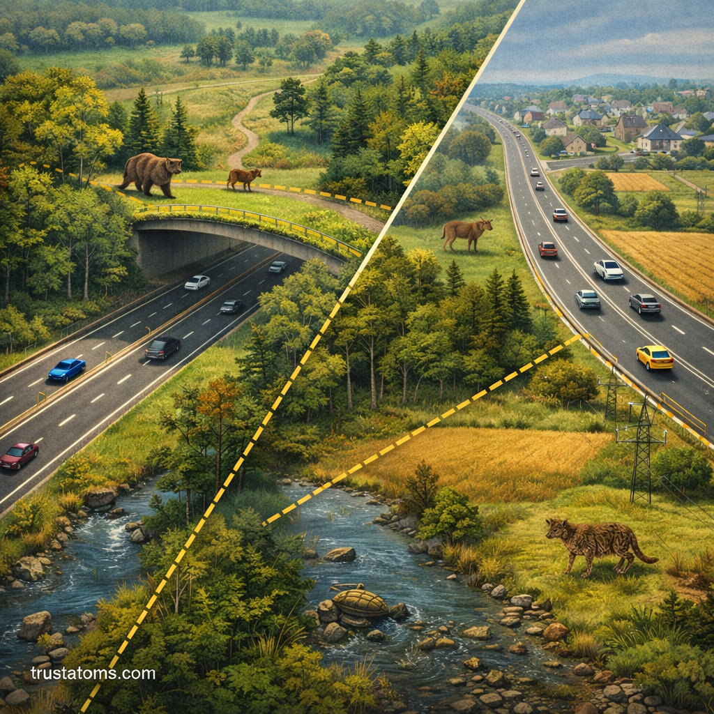 Split illustration comparing a wildlife corridor allowing animals to cross safely over a highway versus fragmented habitats where roads isolate wildlife populations.