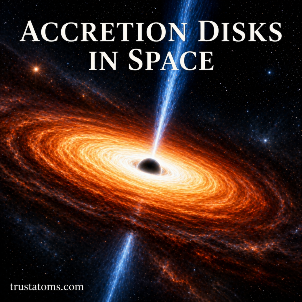 Illustration of a glowing accretion disk surrounding a central black hole with bright jets extending into space.