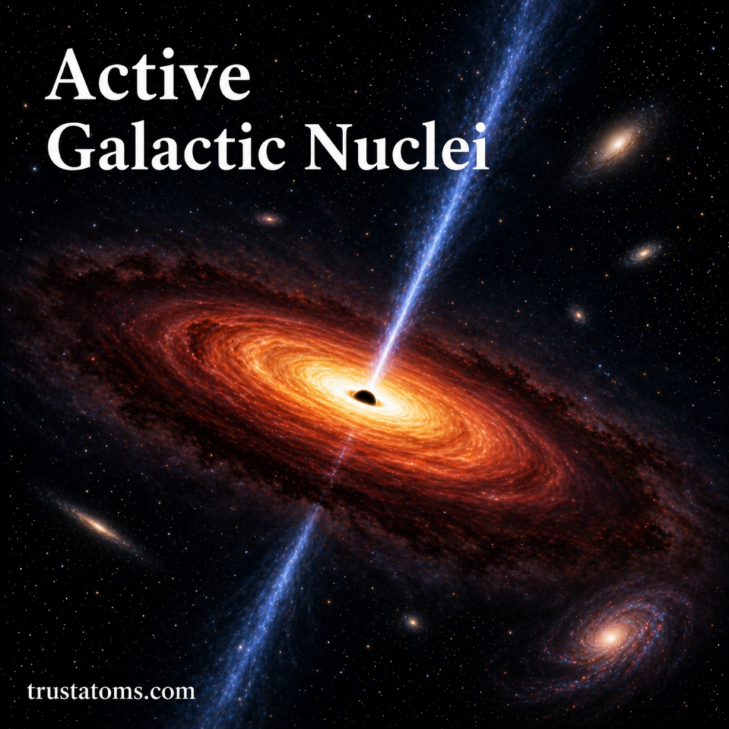 Illustration of an active galactic nucleus with a supermassive black hole, glowing accretion disk, and powerful jets extending into space.