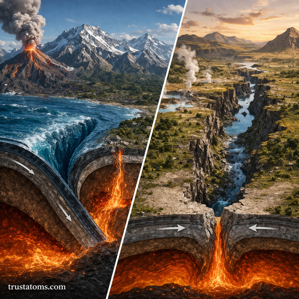 Split illustration showing convergent boundary with subduction and volcanic activity alongside a divergent rift valley with magma upwelling.