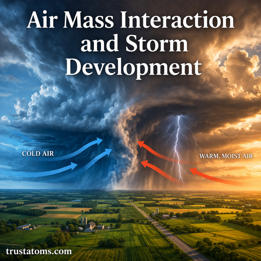 Illustration showing cold and warm air masses colliding to form storm clouds and lightning over a landscape.