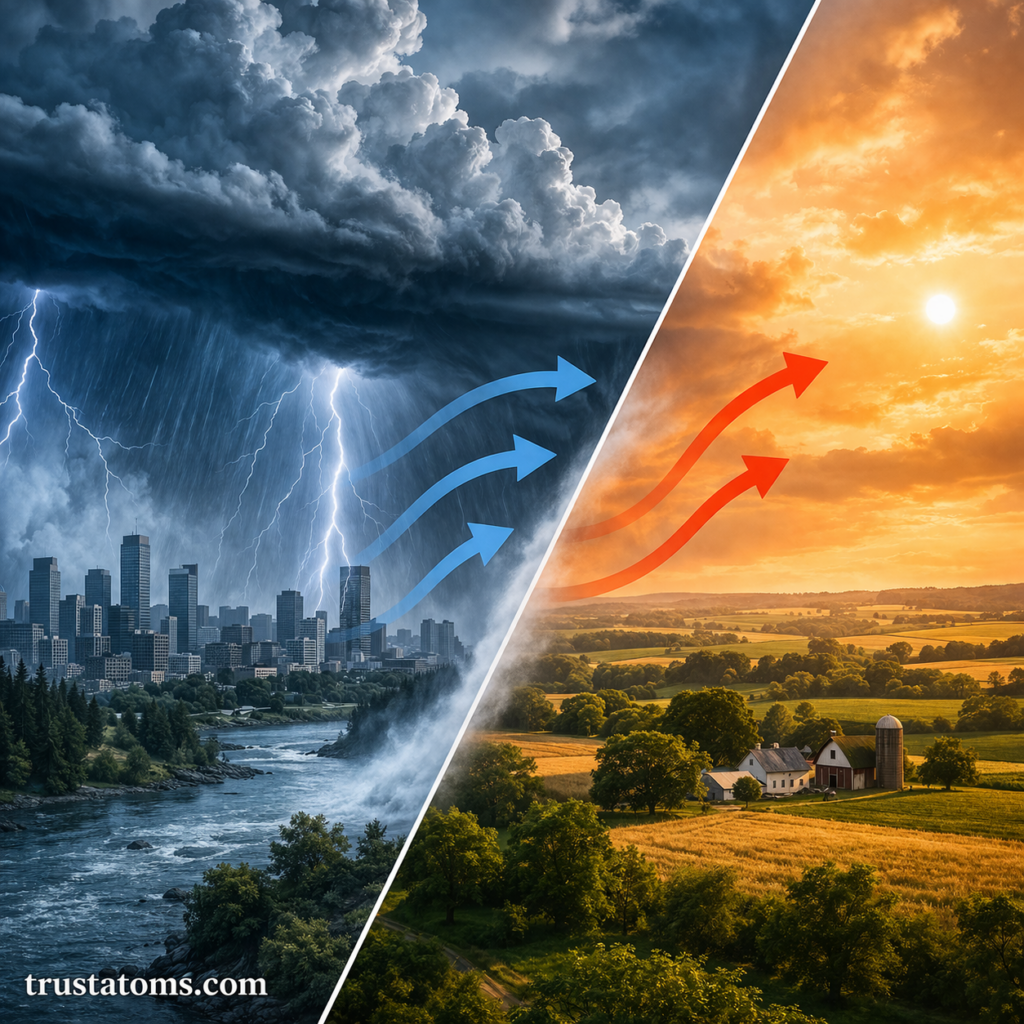 Split illustration showing severe storm over a city on one side and warm clear rural weather on the other, representing air mass interaction.