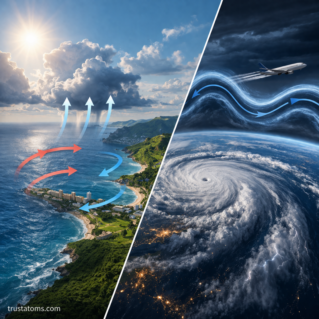 Split-view illustration showing coastal sea breeze circulation on one side and a large storm system with jet stream winds on the other.
