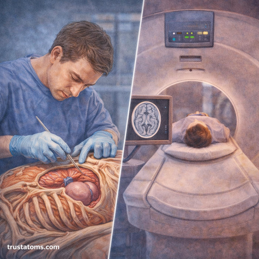 Split illustration showing anatomical dissection and medical imaging used to study the human body.