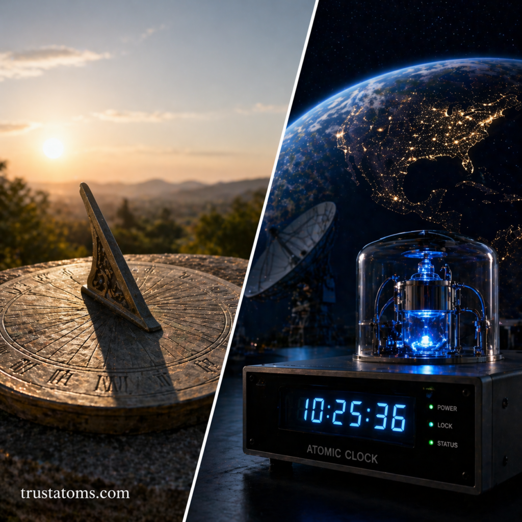 Diagonal split illustration showing a sundial in daylight on one side and a modern atomic clock with Earth in space on the other.
