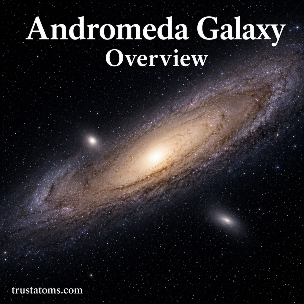 Illustration of the Andromeda Galaxy showing its spiral structure with a bright core and star-filled background.