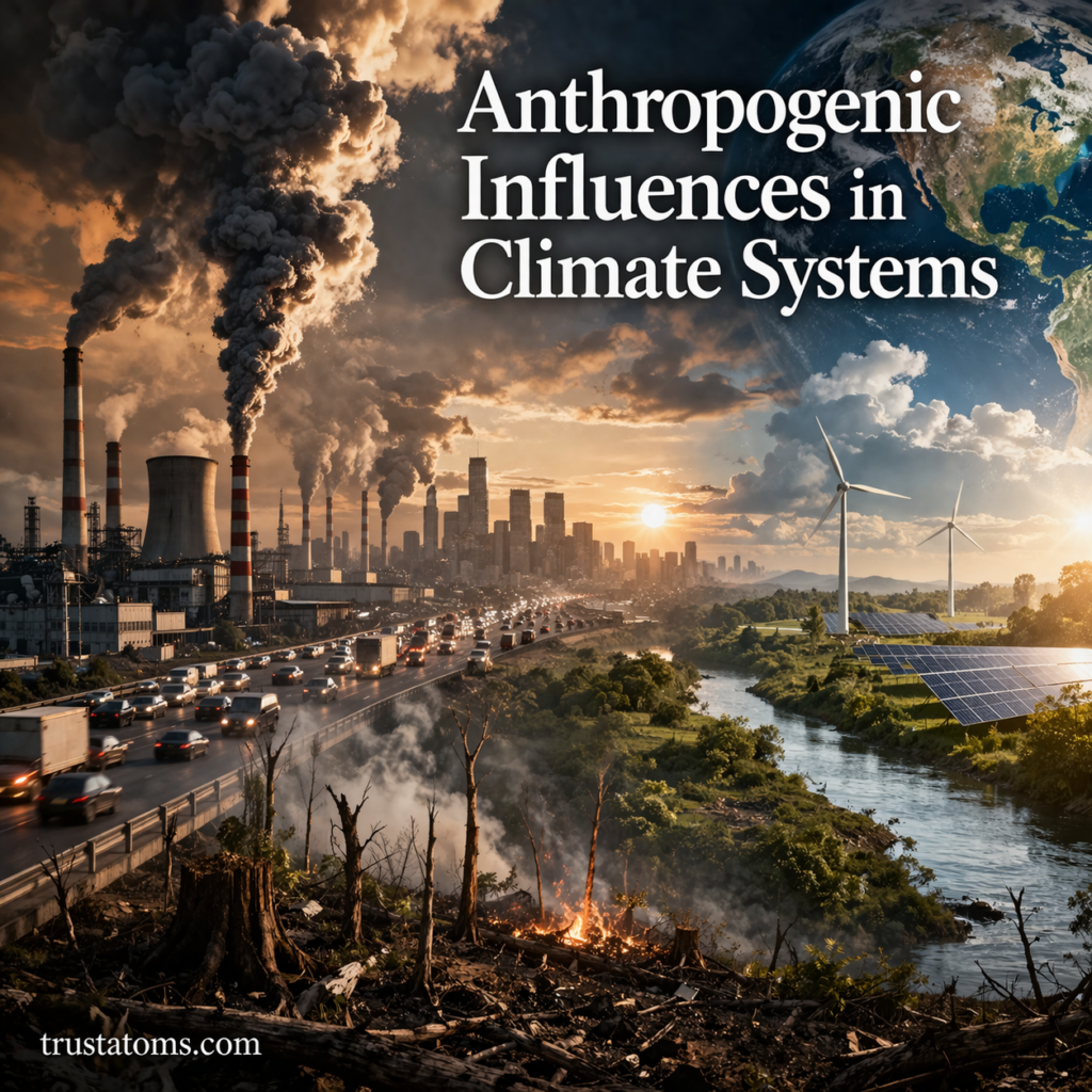 Illustration showing human impact on climate with industrial pollution on one side and renewable energy solutions on the other.