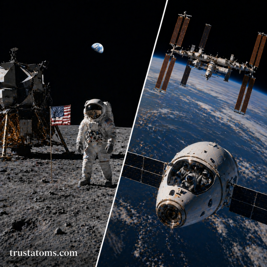 Split illustration showing an Apollo-era Moon landing astronaut on one side and a modern spacecraft with the International Space Station orbiting Earth on the other.
