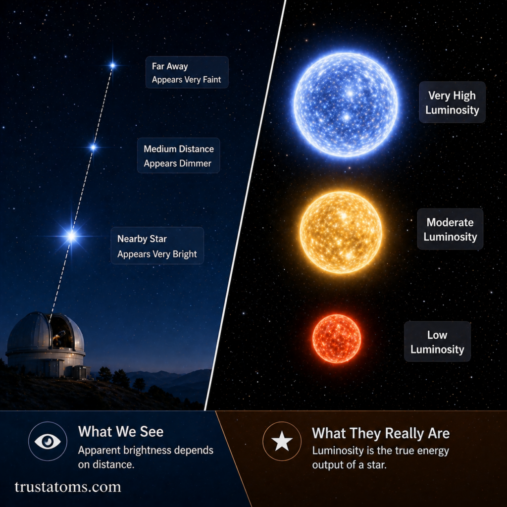 Split diagram showing how distance affects apparent brightness compared to true luminosity of stars.