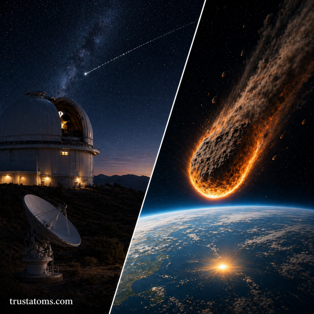 Split illustration showing an observatory tracking asteroids and a near-Earth object entering Earth’s atmosphere.