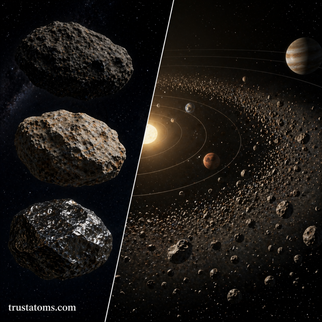 Split illustration showing different asteroid types on one side and the asteroid belt’s position within the solar system on the other.