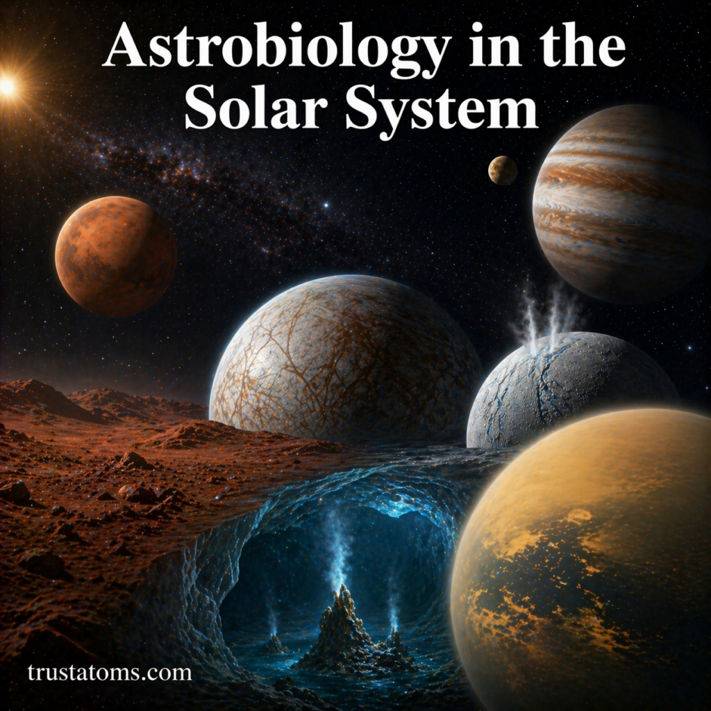 Illustration of planets and moons in the solar system highlighting potential environments for life such as Mars, Europa, and Enceladus.