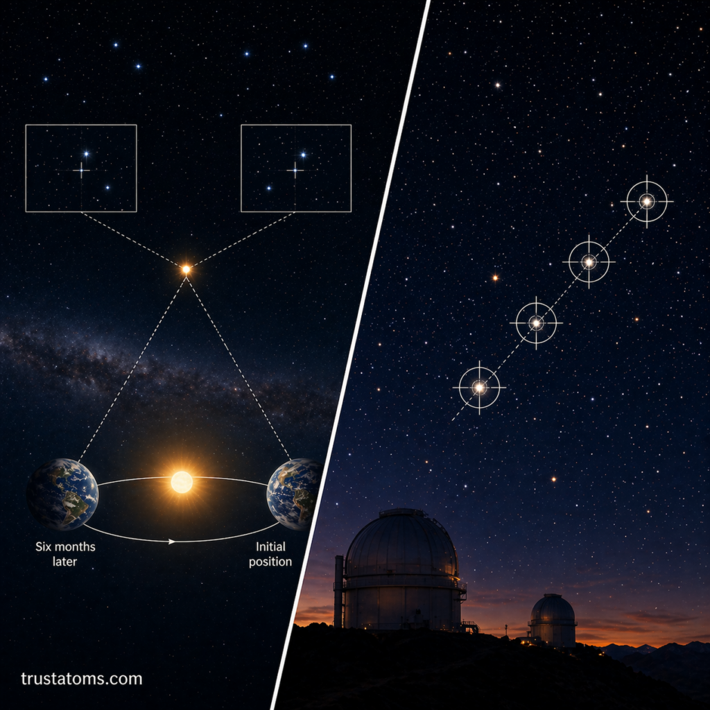 Split diagram showing stellar parallax measurement from Earth’s orbit and proper motion of a star over time.
