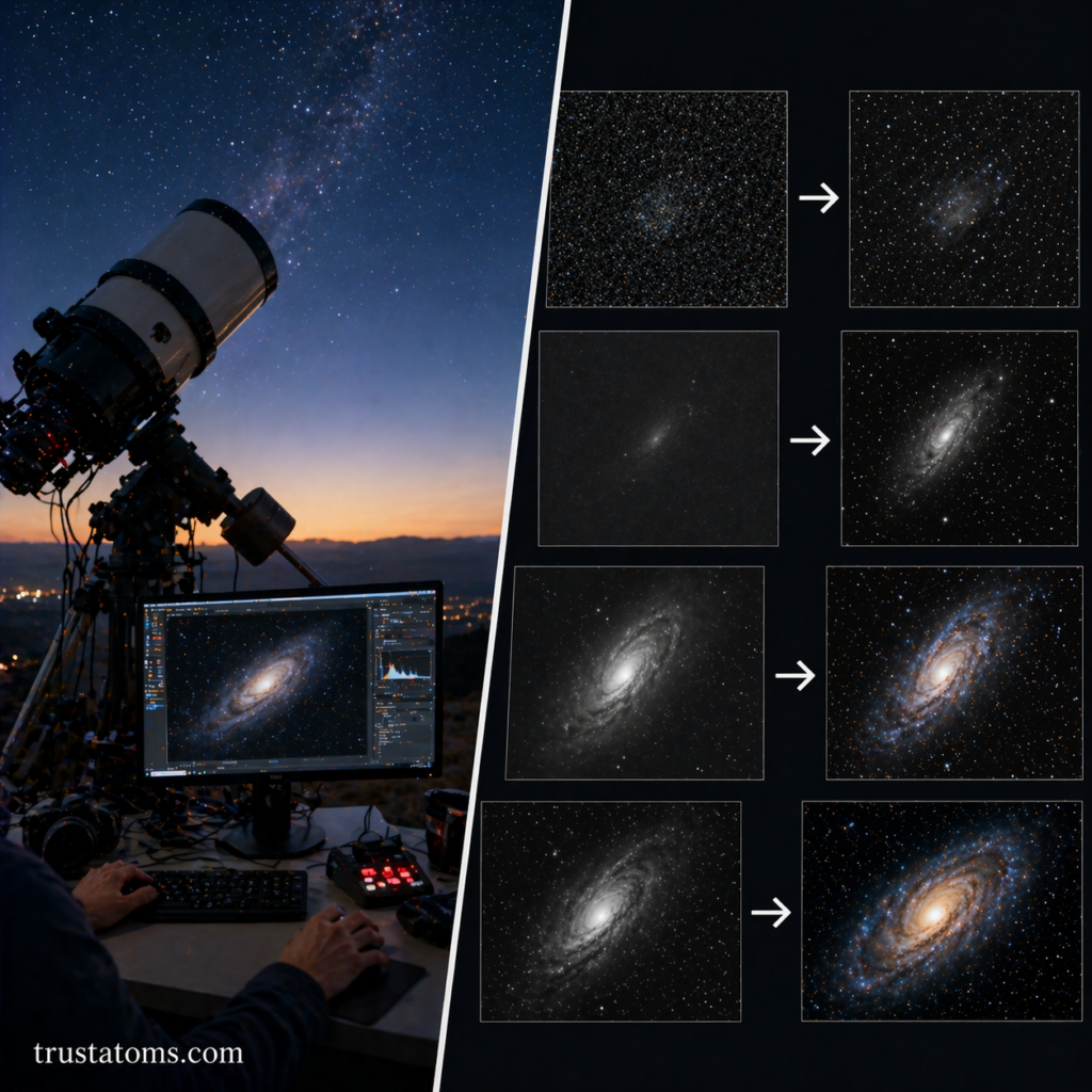 Split illustration showing telescope imaging setup and step-by-step processing of a galaxy image from raw data to enhanced detail.