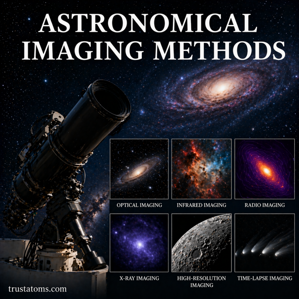 Illustration showing different astronomical imaging methods including optical, infrared, radio, and X-ray observations.